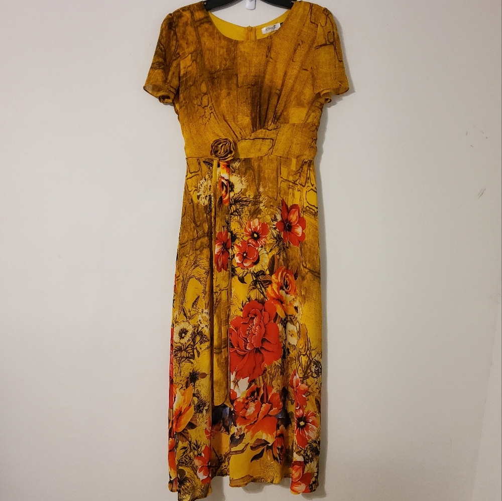 Camy Yellow Gold/Red and Brown Floral Print Short Sleeves Maxi Dress
